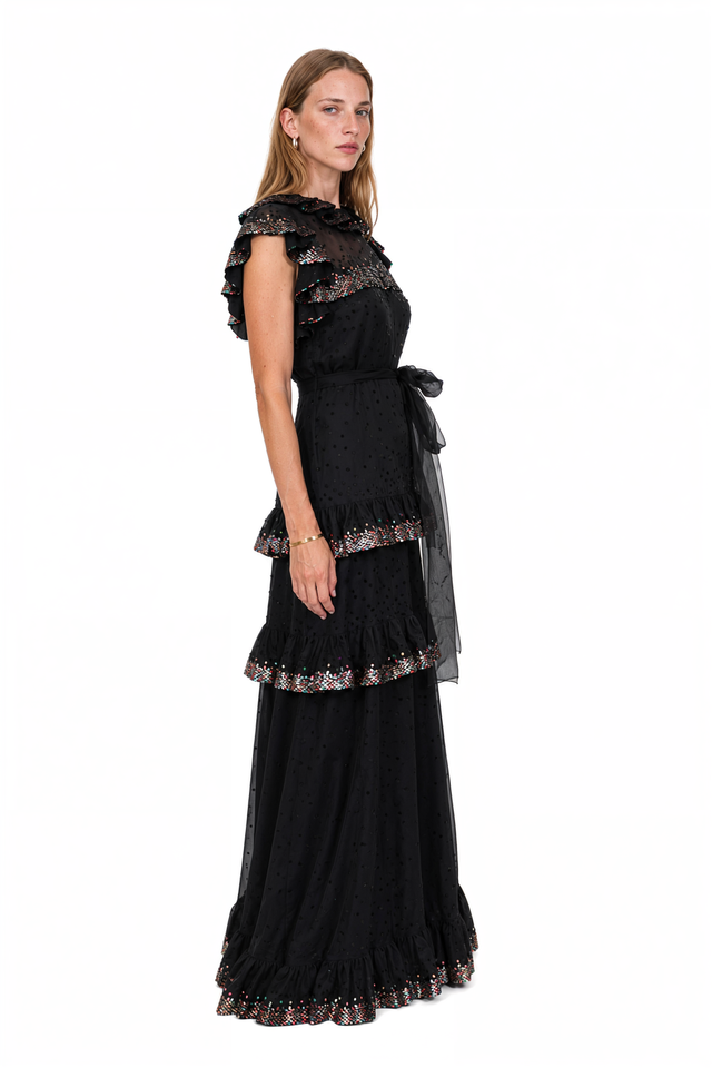 Valentino black sheer tulle gown with sequin-embellished ruffle tiers and self-tie waist sash