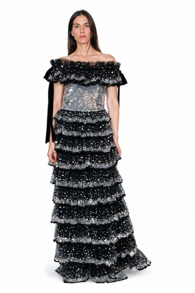 Valentino Off-Shoulder Black and Silver Sequined Gown