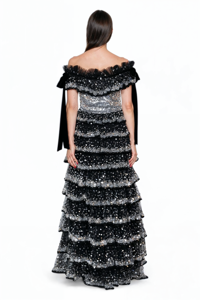 Valentino Off-Shoulder Black and Silver Sequined Gown