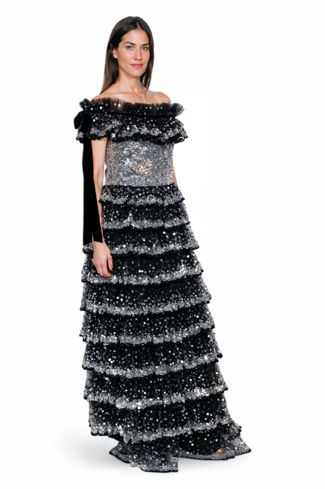 Valentino Off-Shoulder Black and Silver Sequined Gown