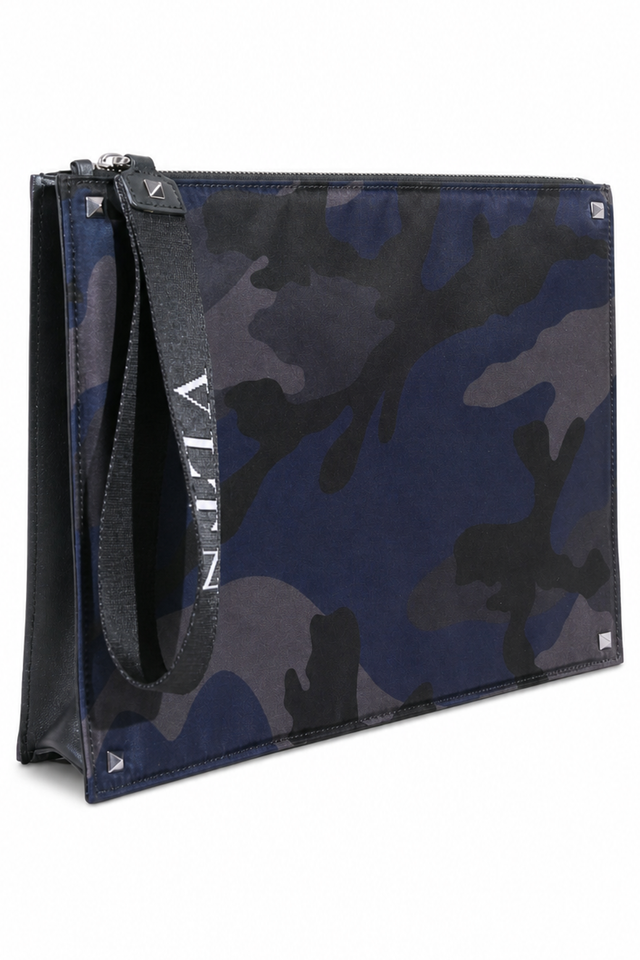 Valentino Garavani VLTN Camouflage Rockstud Zip Clutch Pouch in Blue