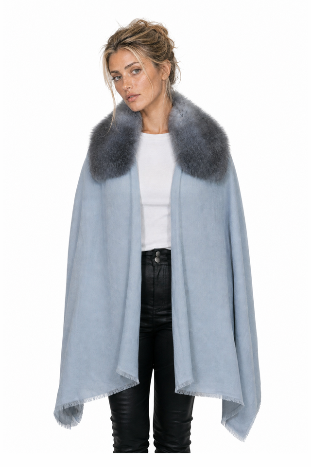 Valentino Fox Fur Collar Cashmere-Wool Fringe Cape Wrap in Powder Blue