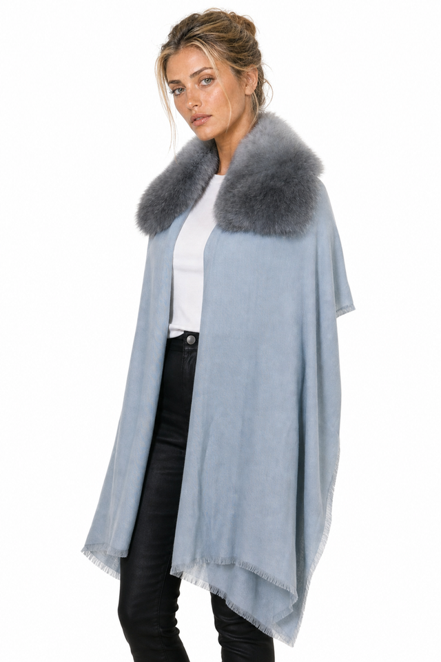 Valentino Fox Fur Collar Cashmere-Wool Fringe Cape Wrap in Powder Blue