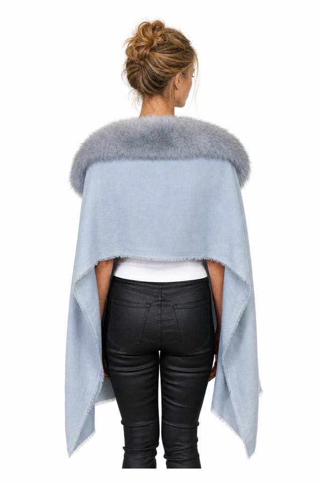 Valentino Fox Fur Collar Cashmere-Wool Fringe Cape Wrap in Powder Blue