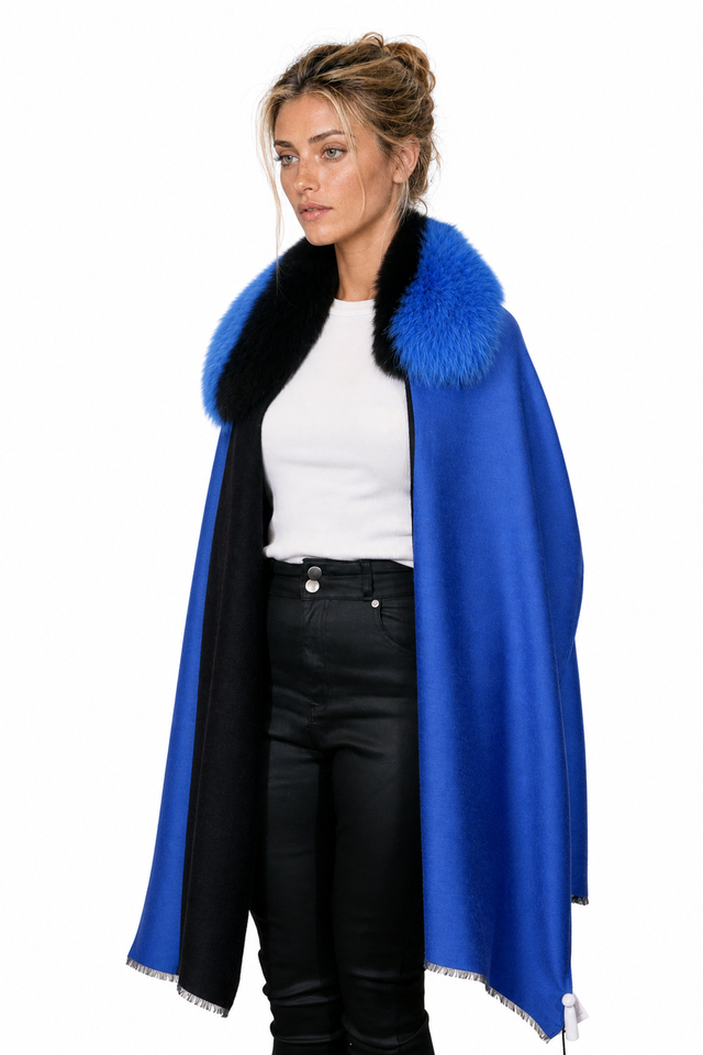 Valentino Colorblocked Wool-Cashmere & Fox Fur Collar Fringe Cape Wrap in Cobalt Blue, Dusty Rose Pink & Crimson Red