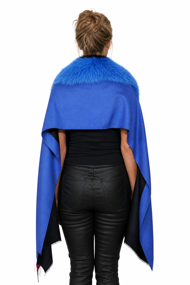 Valentino Colorblocked Wool-Cashmere & Fox Fur Collar Fringe Cape Wrap in Cobalt Blue, Dusty Rose Pink & Crimson Red