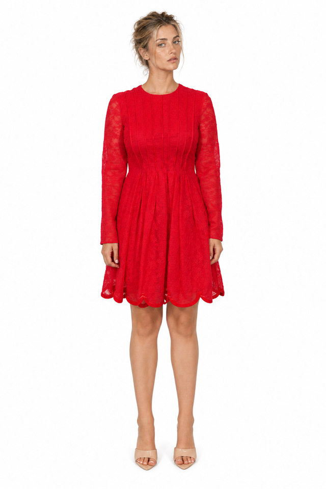 Valentino Long-Sleeve Pleated Lace Mini Dress in Red