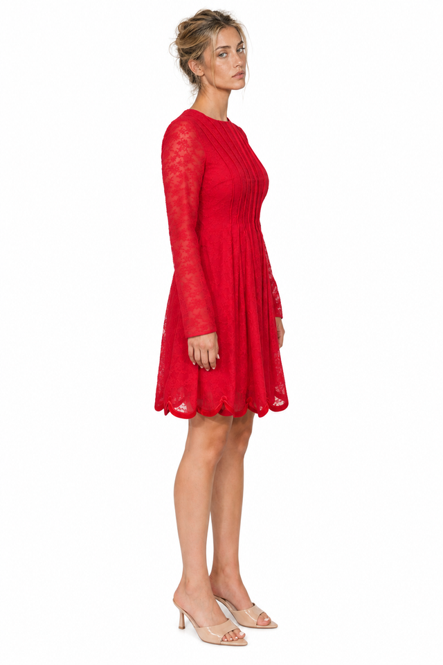Valentino Long-Sleeve Pleated Lace Mini Dress in Red