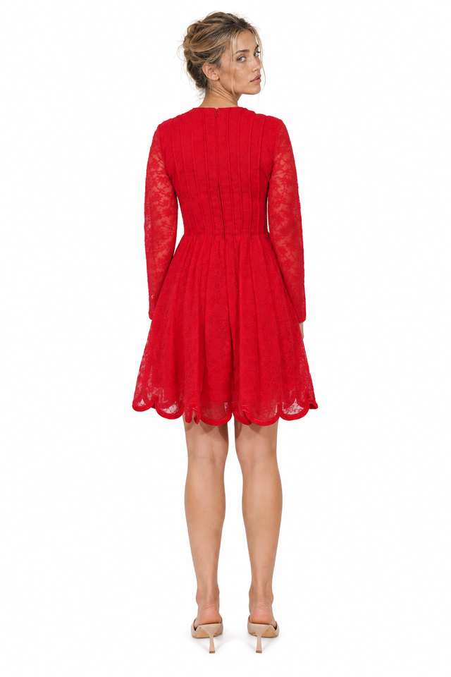 Valentino Long-Sleeve Pleated Lace Mini Dress in Red