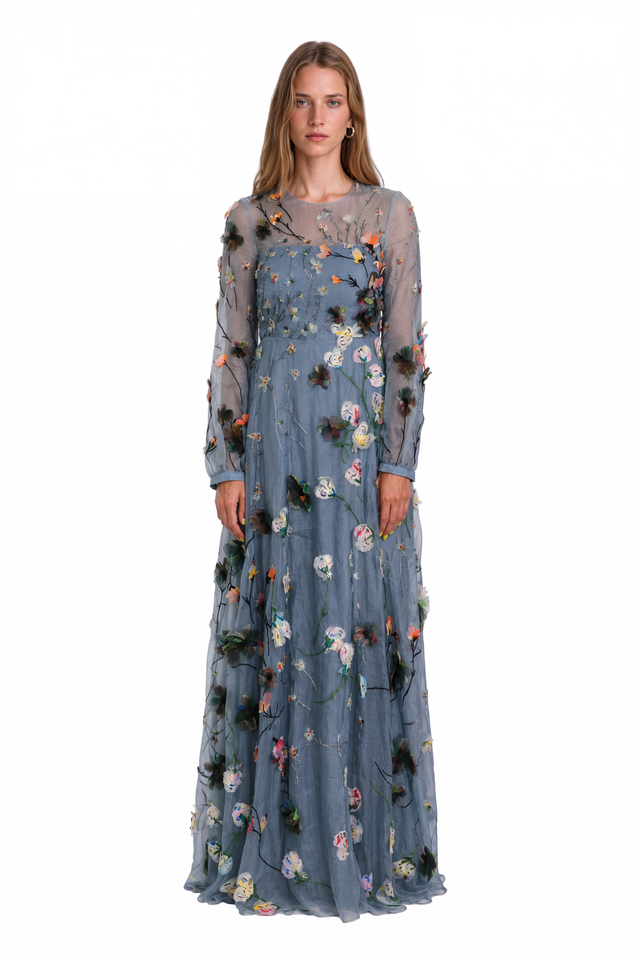 Valentino dusty blue sheer tulle gown with floral embroidery and 3D appliqué – front view