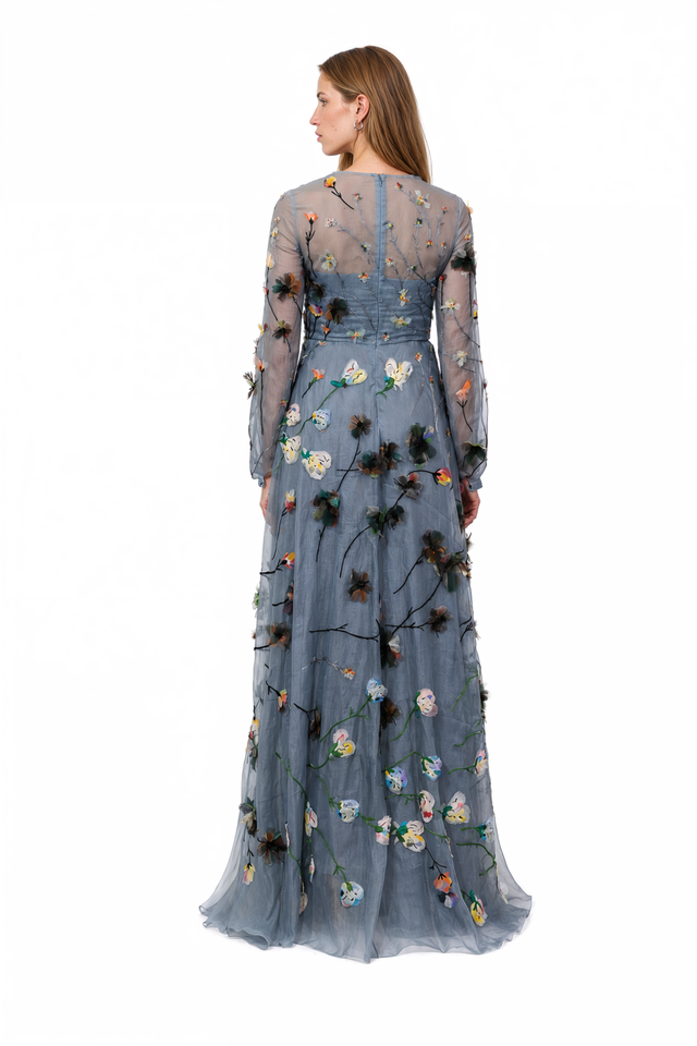 Back view of a Valentino dusty blue floral embroidered gown