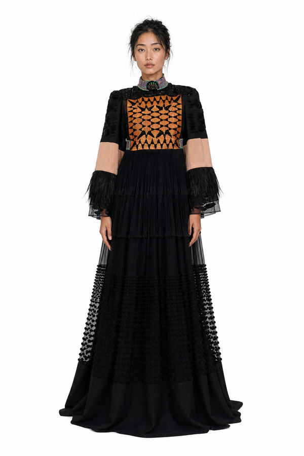 Valentino Embroidered Tapestry & Feather-Trimmed Tulle Evening Gown in Noir Multi