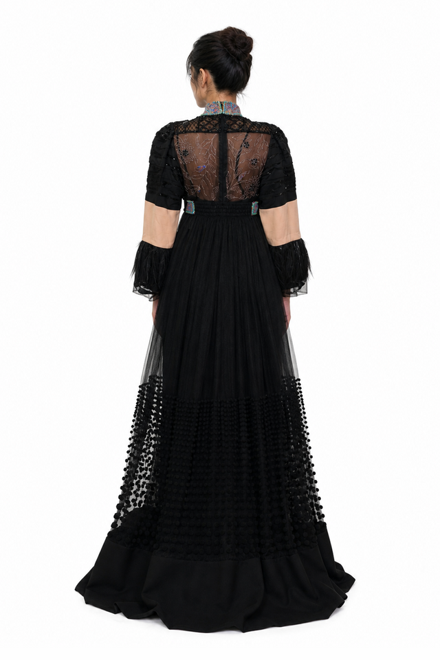 Valentino Embroidered Tapestry & Feather-Trimmed Tulle Evening Gown in Noir Multi
