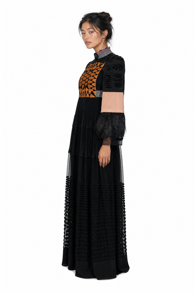 Valentino Embroidered Tapestry & Feather-Trimmed Tulle Evening Gown in Noir Multi