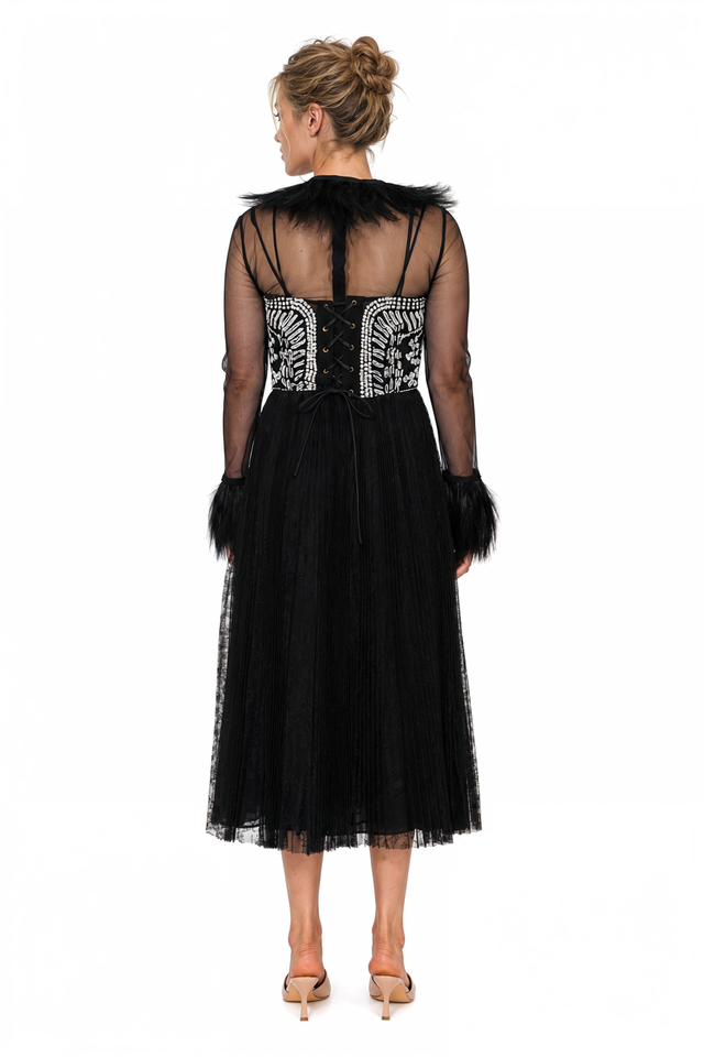 Valentino Feather-Trimmed Embellished Mesh Midi Dress in Black