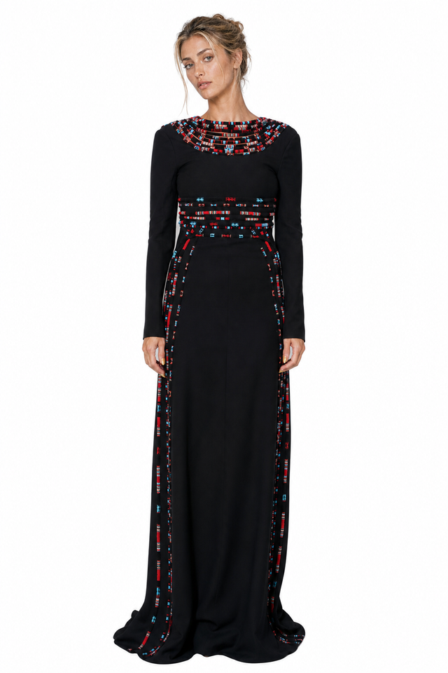 Valentino Beaded Native-Inspired Long-Sleeve Cady Evening Gown in Black