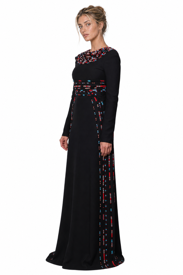 Valentino Beaded Native-Inspired Long-Sleeve Cady Evening Gown in Black