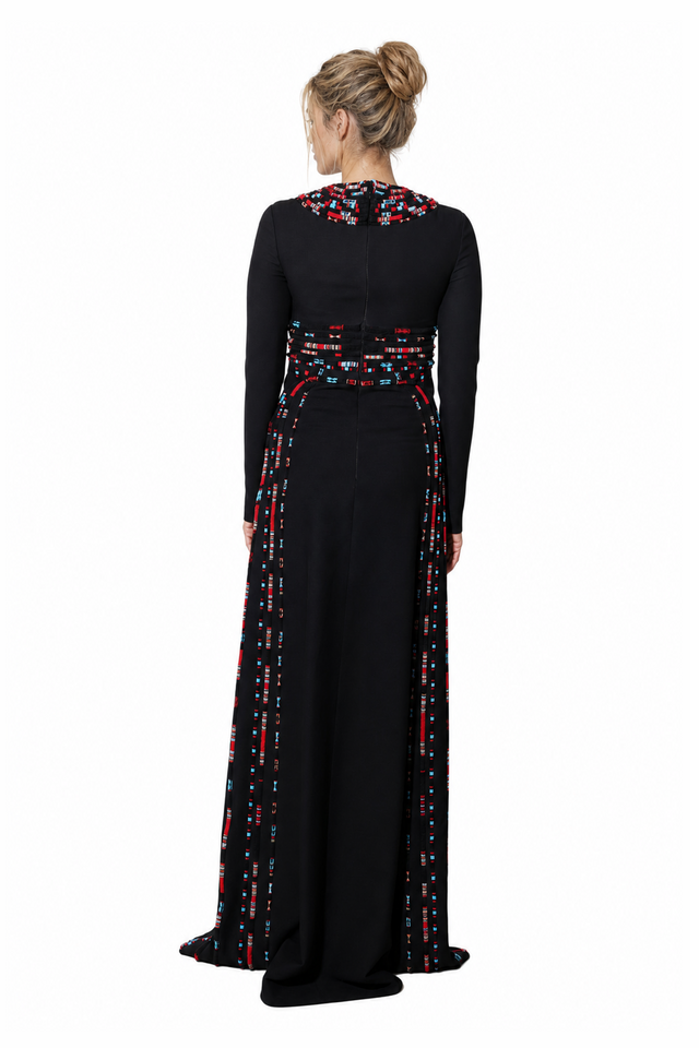 Valentino Beaded Native-Inspired Long-Sleeve Cady Evening Gown in Black