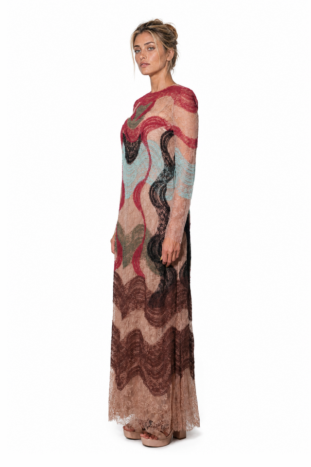 Valentino Wave-Patterned Lace Long-Sleeve Evening Gown in Blush Multi