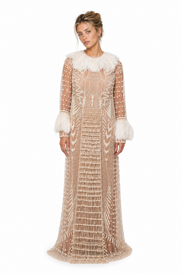 Valentino beige and cream feather-trimmed embroidered maxi gown