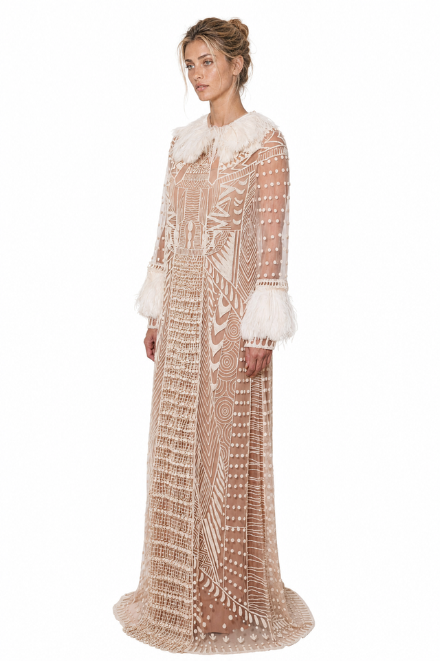 Valentino Women's Feather-Trimmed Geometric Embroidered Maxi Gown in Beige & Cream