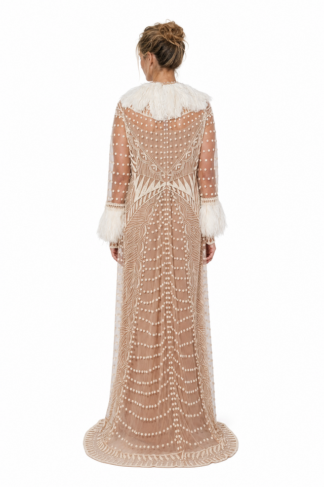 Valentino Women's Feather-Trimmed Geometric Embroidered Maxi Gown in Beige & Cream