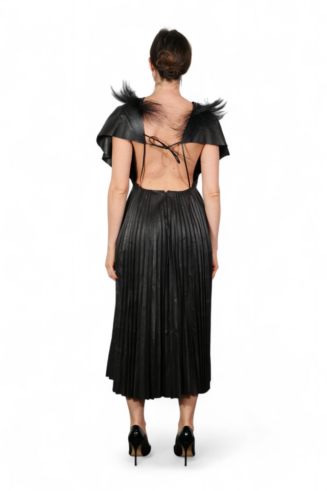 Valentino Pleated Leather Dress with Feather Collar — Black