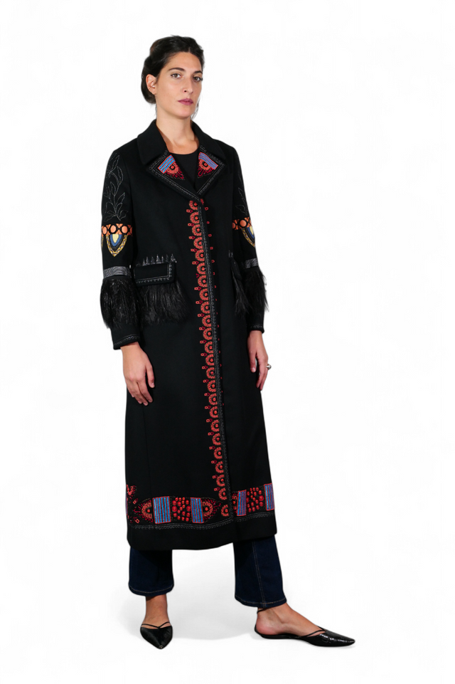 Valentino Embroidered Wool Coat with Feather Cuffs — Black & Red
