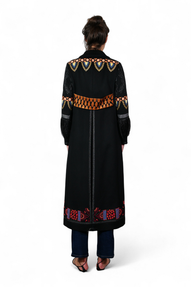 Valentino Embroidered Wool Coat with Feather Cuffs — Black & Red