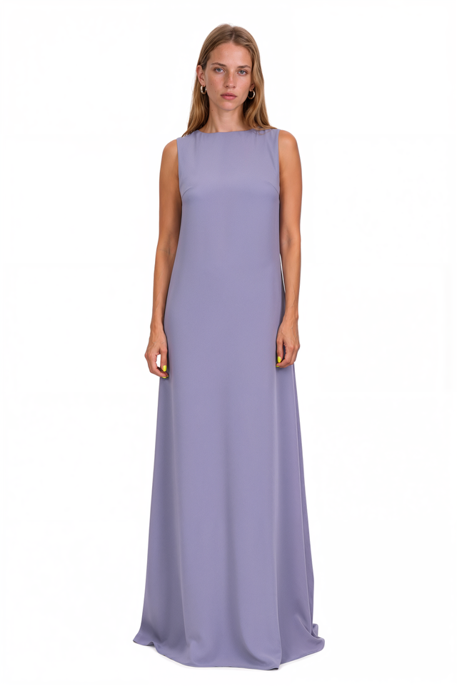 Valentino sleeveless cape-back gown in periwinkle lavender cady with a boat neckline and column silhouette