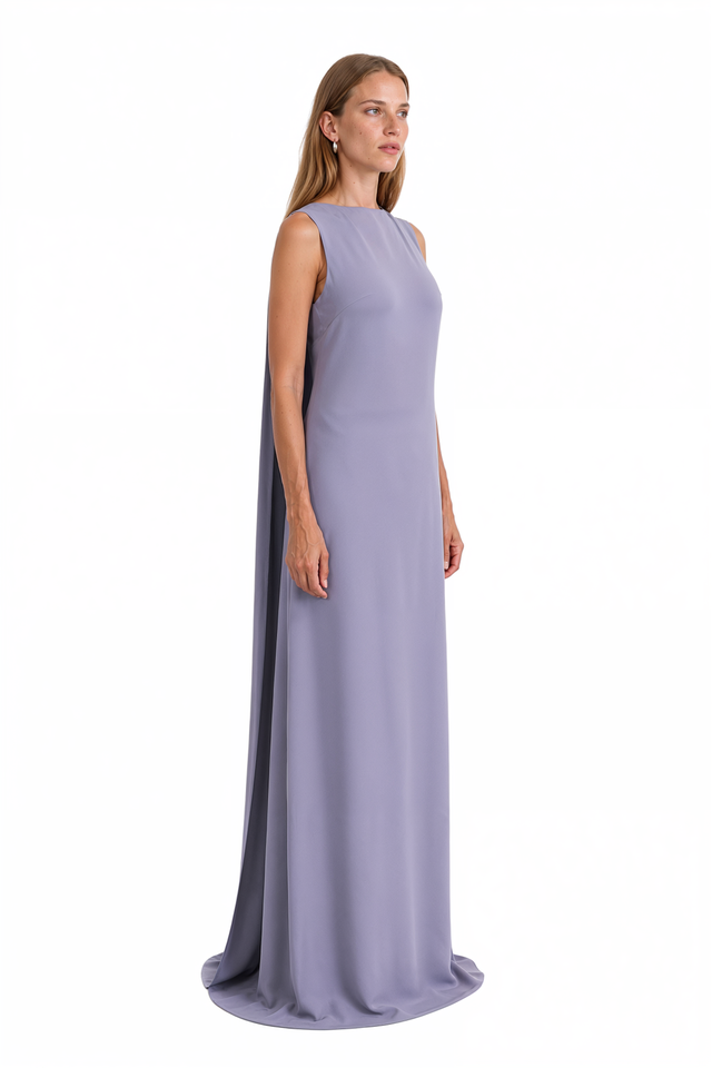 Valentino sleeveless cape-back gown in periwinkle lavender cady with a boat neckline and column silhouette