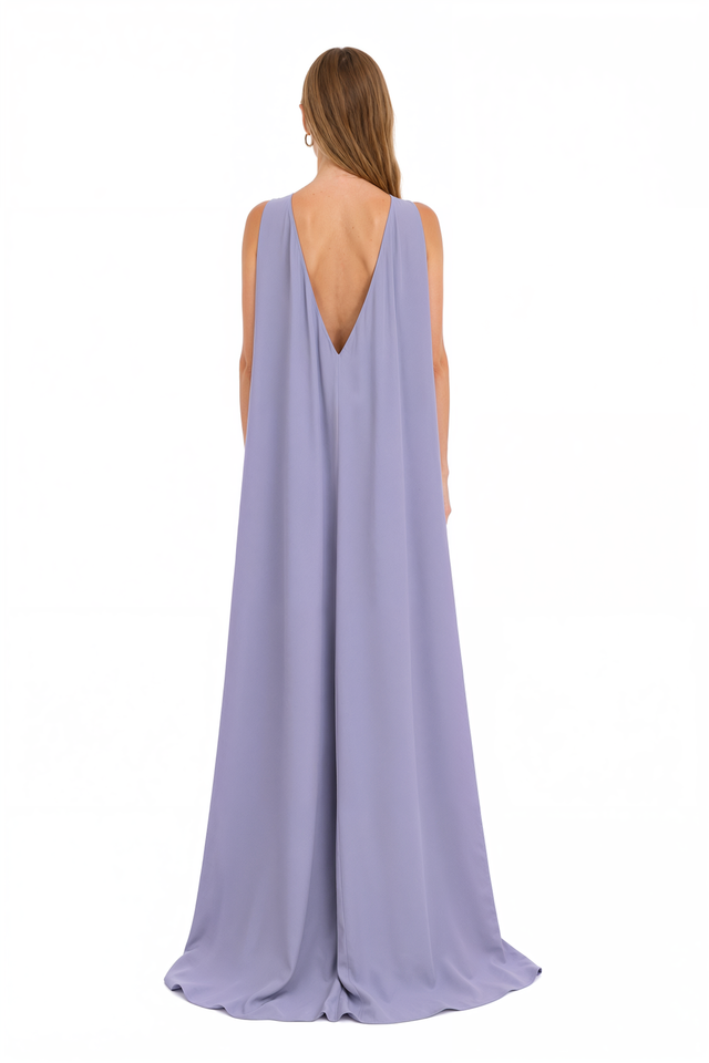 Valentino sleeveless cape-back gown in periwinkle lavender cady with a boat neckline and column silhouette