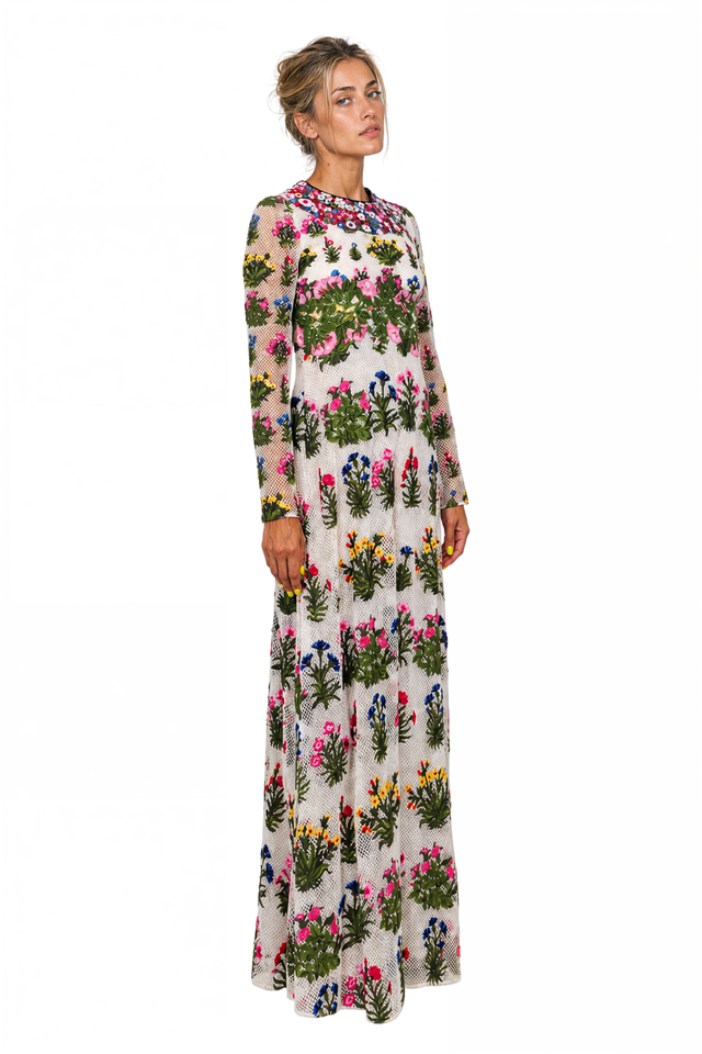 Valentino Floral Embroidered Gown with Sheer Overlay