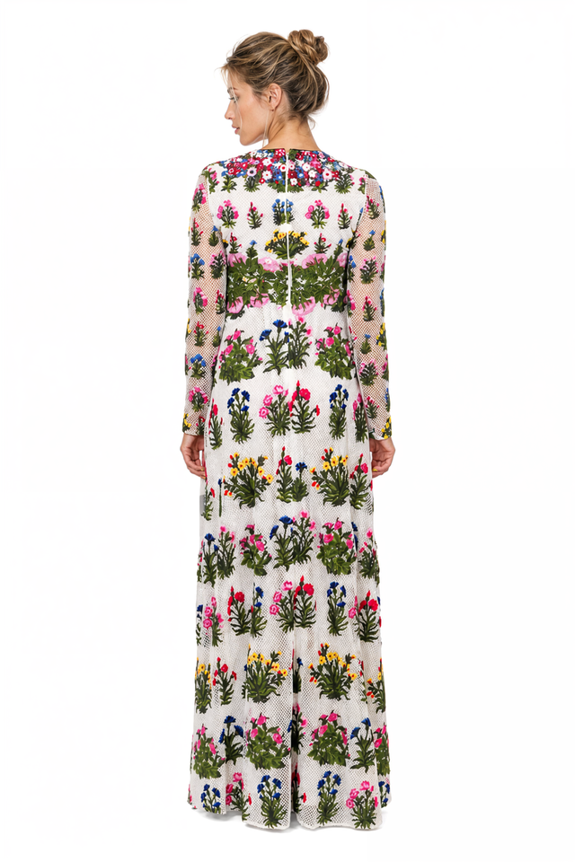 Valentino Floral Embroidered Gown with Sheer Overlay