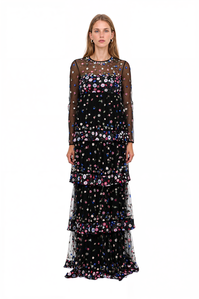 Valentino black tulle gown with ditsy floral embroidery and tiered ruffled skirt – front view