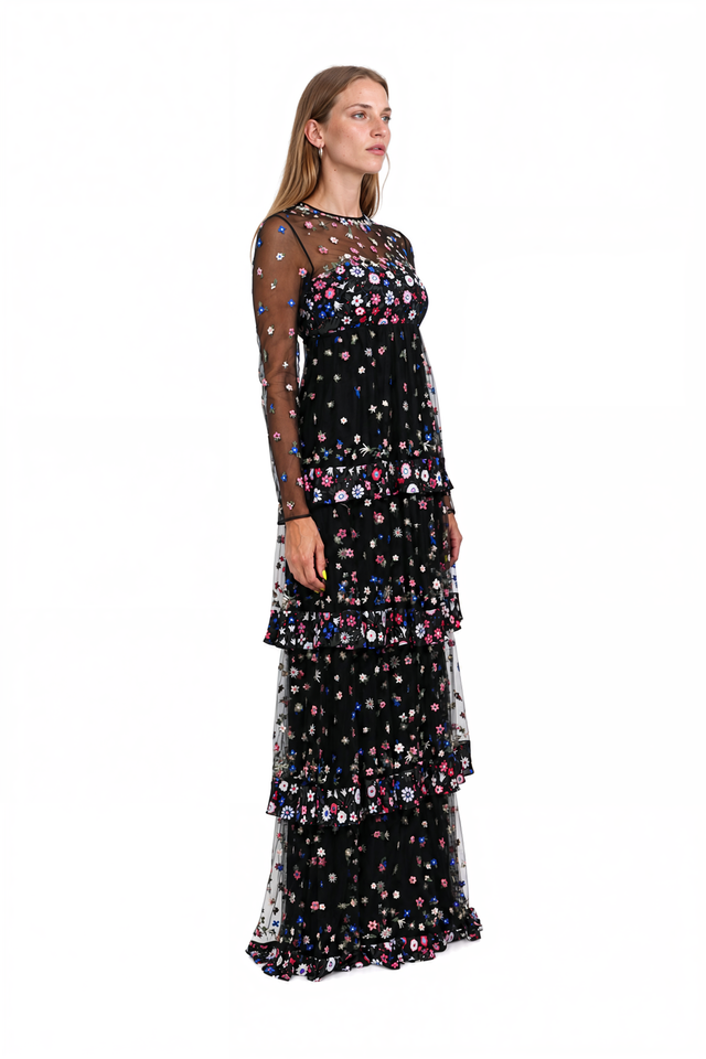 Side view of a Valentino black floral embroidered tulle gown