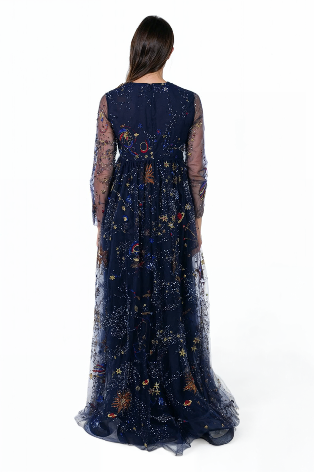 Valentino Celestial Embroidered Tulle Gown - Midnight Blue
