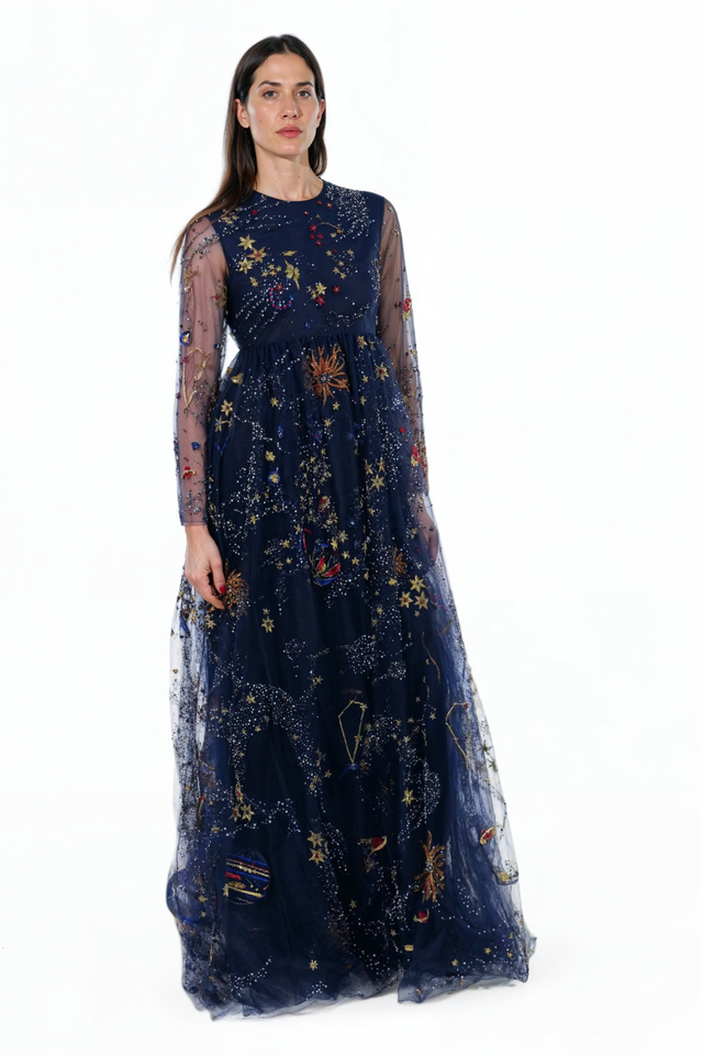 Valentino Celestial Embroidered Tulle Gown - Midnight Blue