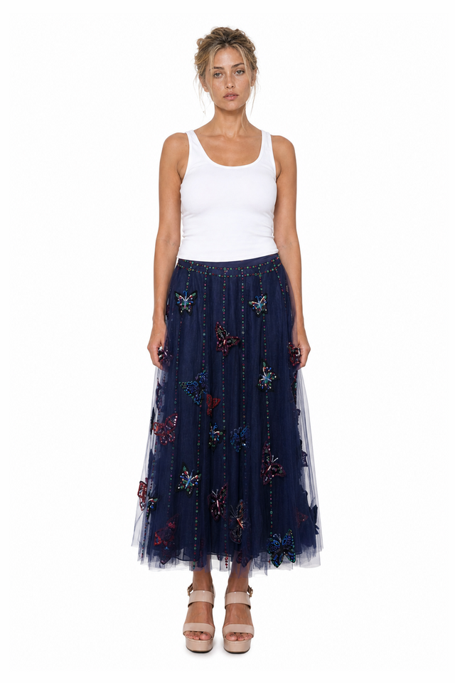 Valentino Women's Butterfly Embroidered Tulle Midi Skirt in Navy Blue