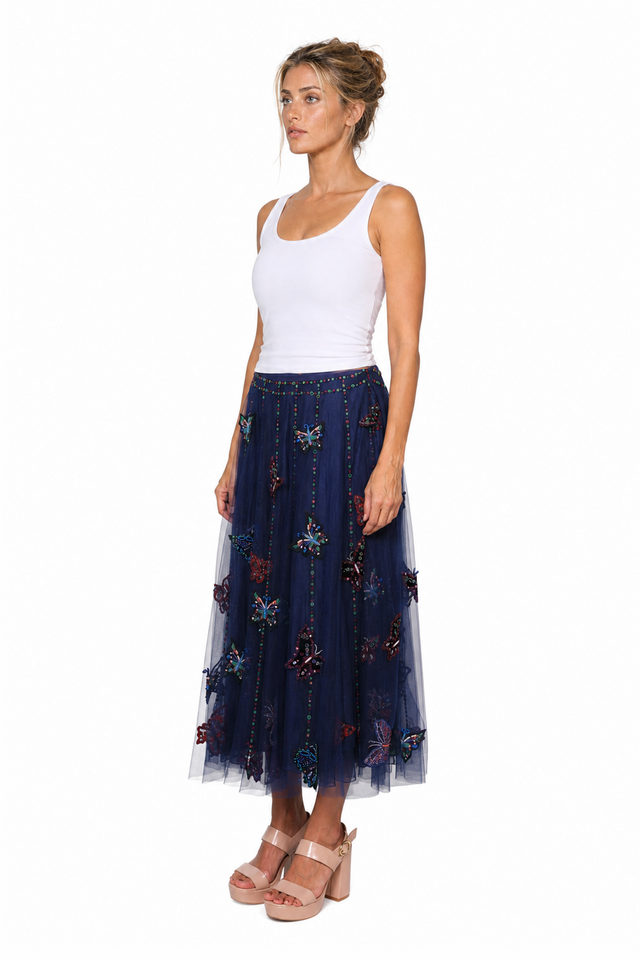 Valentino Women's Butterfly Embroidered Tulle Midi Skirt in Navy Blue