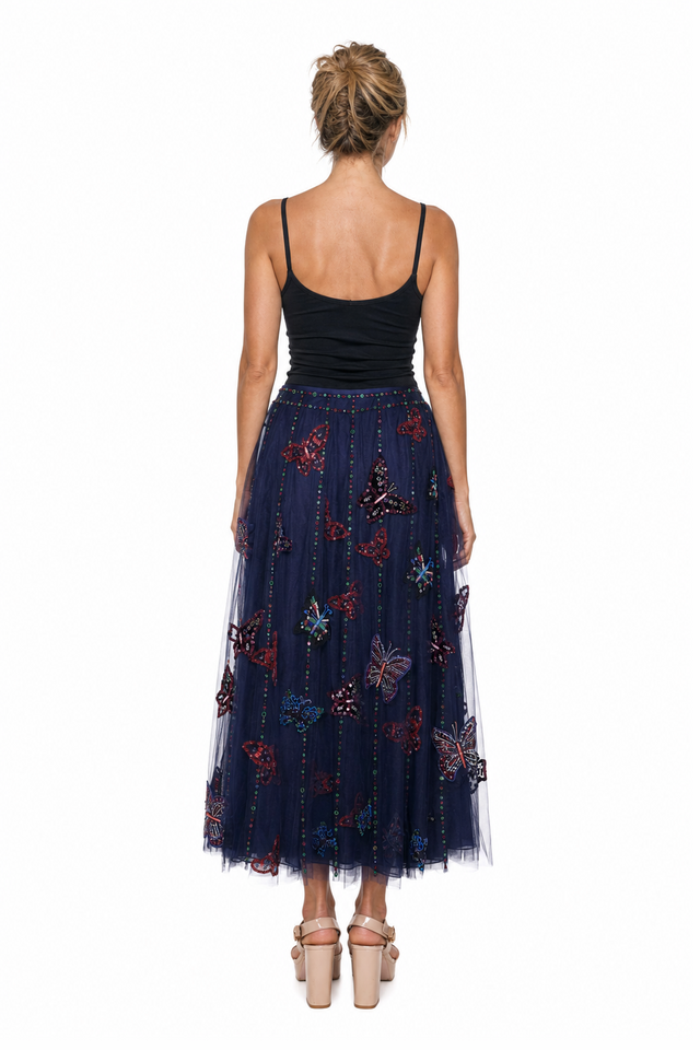 Valentino Women's Butterfly Embroidered Tulle Midi Skirt in Navy Blue