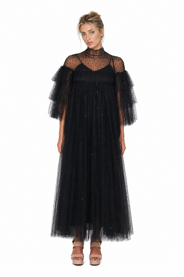 Valentino Women's Swiss-Dot Tulle High-Neck Gown in Black