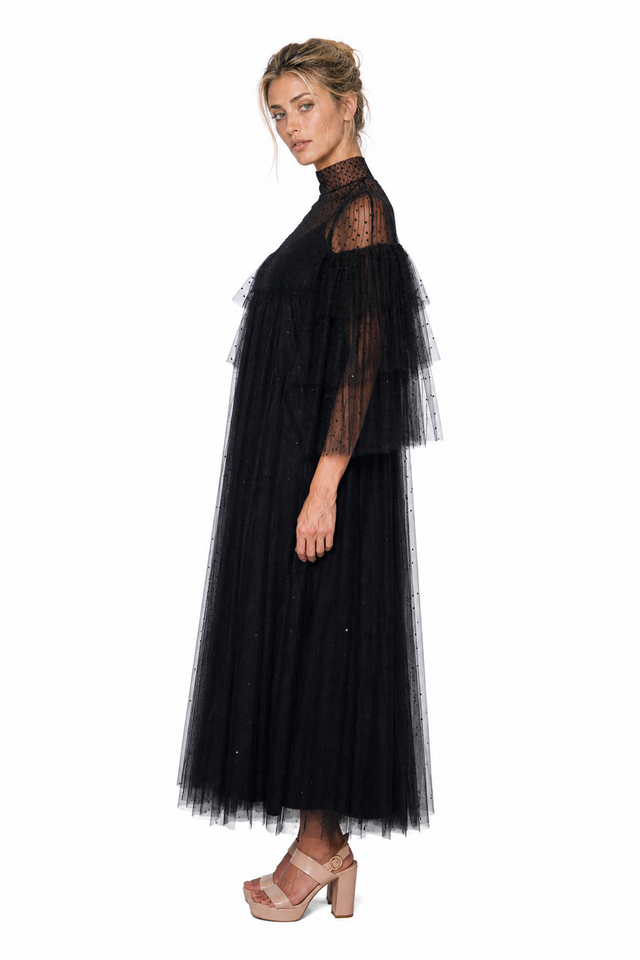 Valentino Women's Swiss-Dot Tulle High-Neck Gown in Black