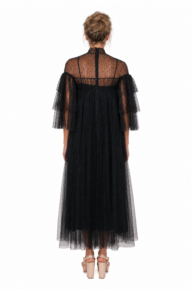 Valentino Women's Swiss-Dot Tulle High-Neck Gown in Black