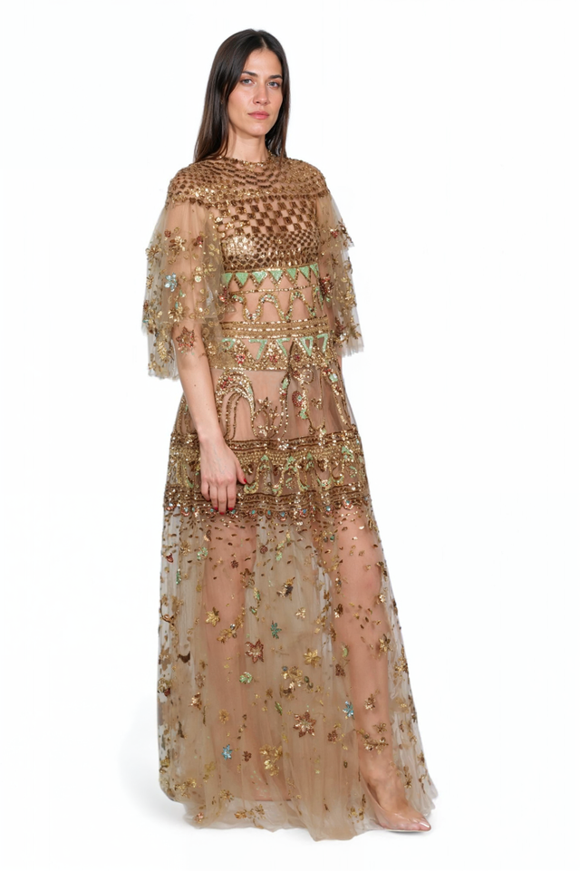 Valentino Sheer Gold Embellished Gown