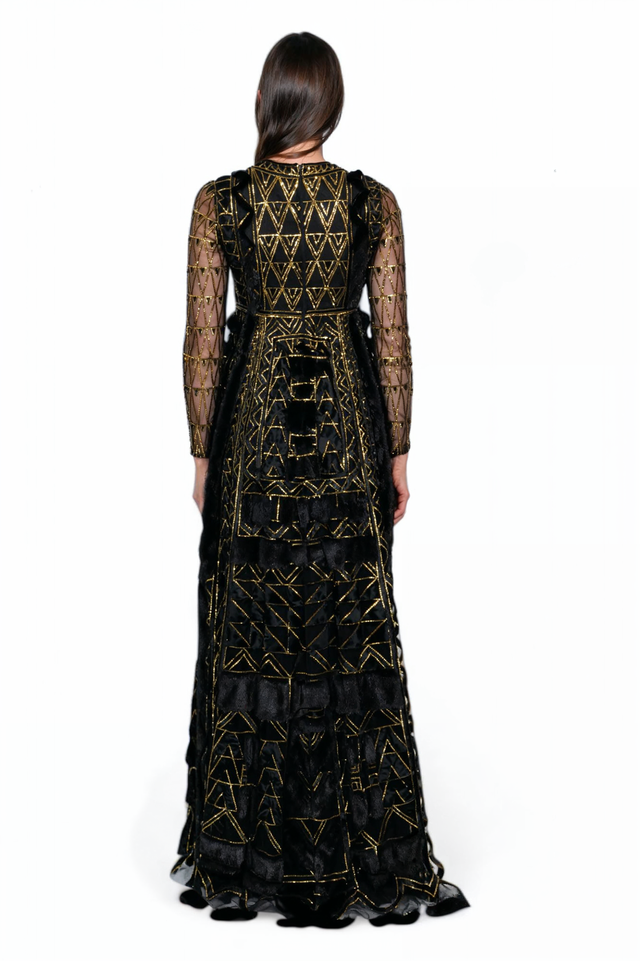 Valentino Black and Gold Geometric Embroidered Gown