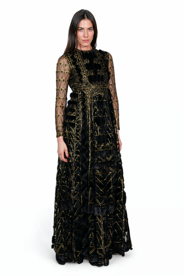 Valentino Black and Gold Geometric Embroidered Gown