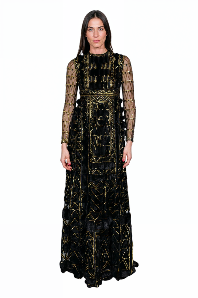 Valentino Black and Gold Geometric Embroidered Gown