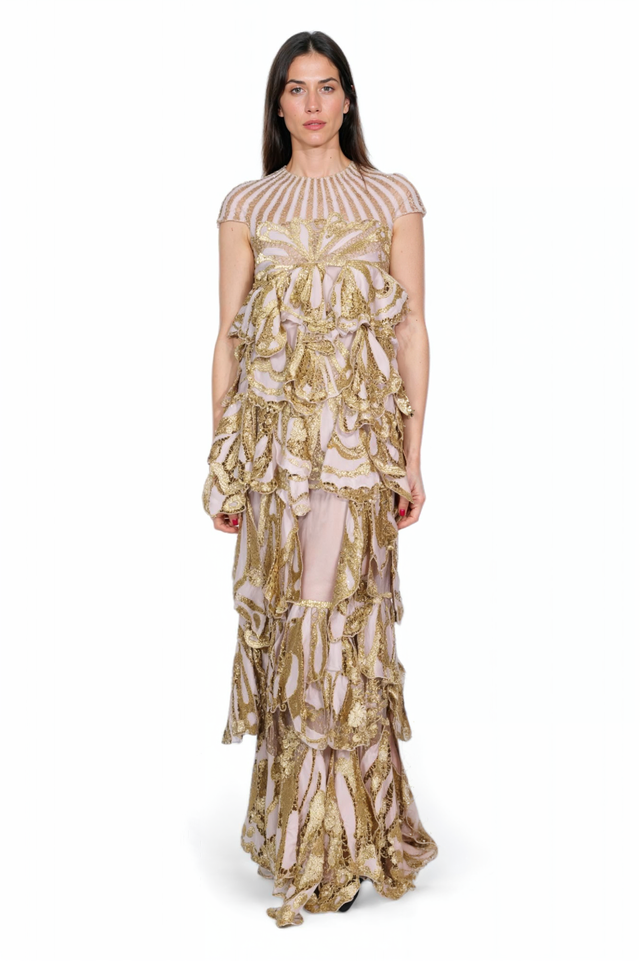 Valentino Embellished Gold Ruffle Gown