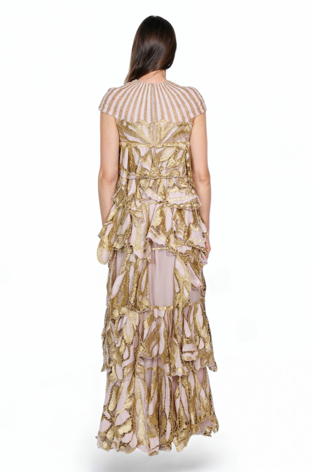 Valentino Embellished Gold Ruffle Gown